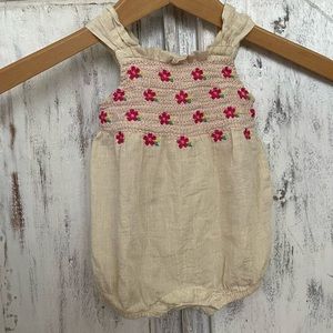 Hatley Baby Romper, Gold with Embroidered Pink Flowers, 3-6 months
